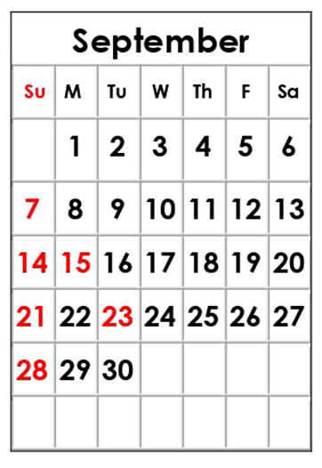 9月のカレンダー