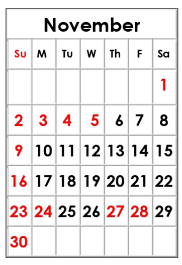 11月のカレンダー